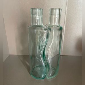 Italian Vetreria Etrusca Set of 2 Glass Half Wavy Bottles with Connecting Design